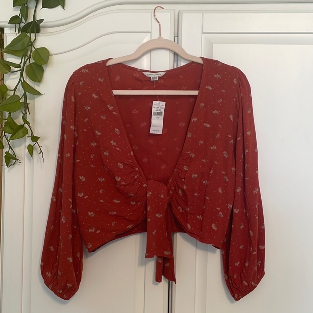 Cropped tie in front blouse